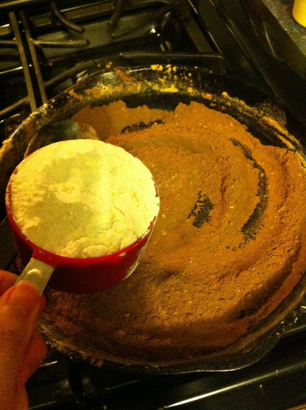 Finished at around 20-25 minutes, use your better judgement, the room was getting a bit smokey and my fire alarm beeped. Turn off stove and let it cool in skillet, unused flour again for comparison.