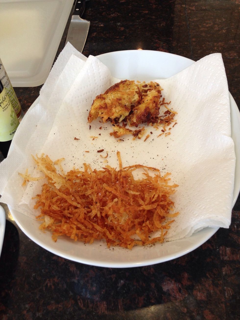 Finished product, russet and sweet potatoes. Drain excess oil with a paper towel.