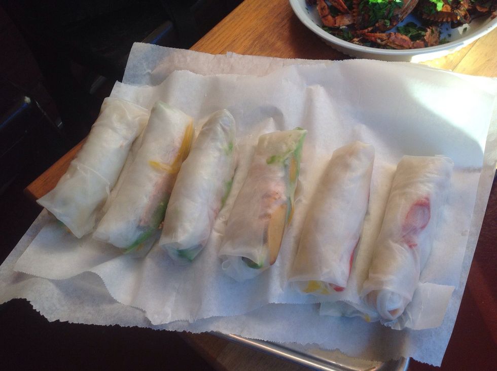 Finished rolls! Shane made a delicious sauce that we poured into them after biting their heads off. It was a little Maggi seasoning, red wine vinegar and Valentina Mexican hot sauce.