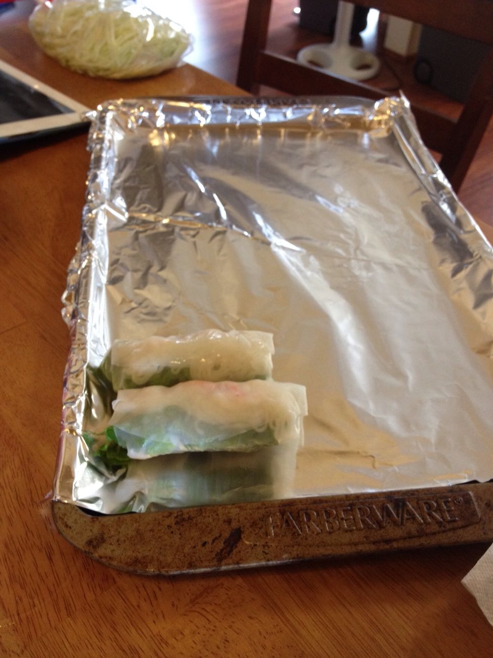 Finished Summer Rolls! Leave some space between the rolls so that they don't stick together. Repeat steps 8 - 11 for remaining ingredients.