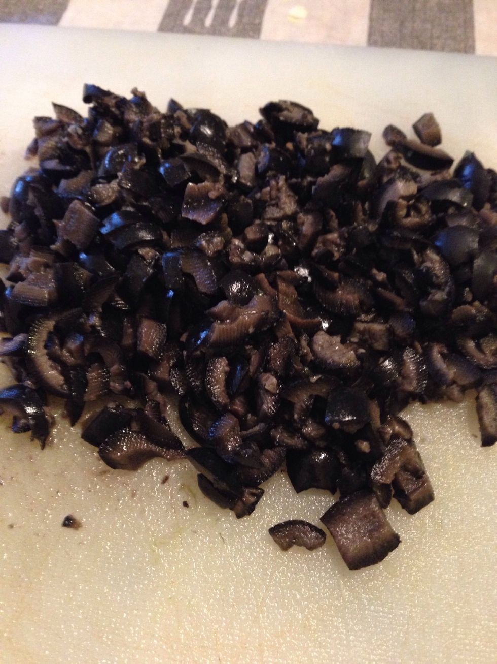 Finley chop the olives to your liking and place them in your bowl of chopped goods.