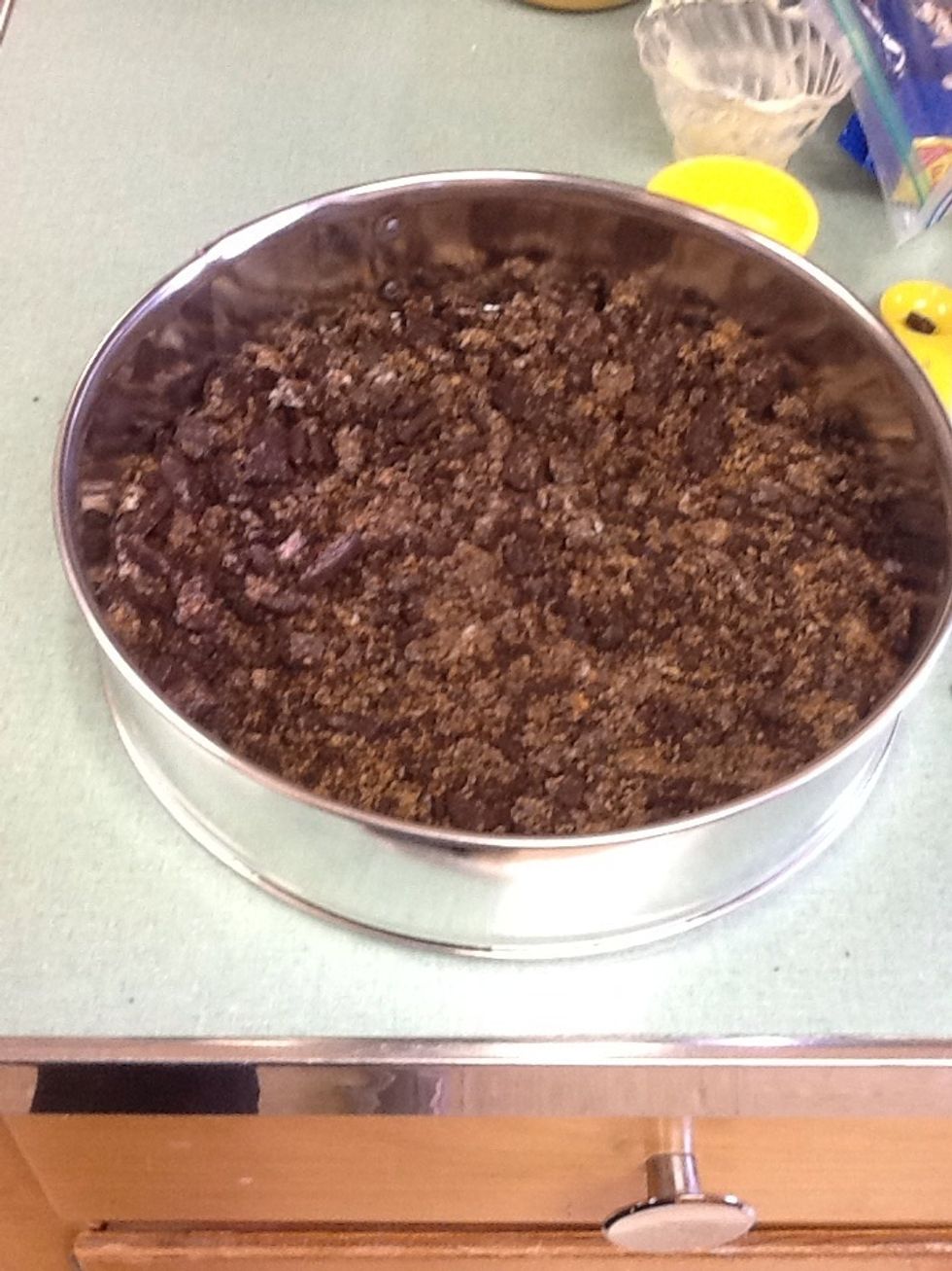 Firmly press mixture evenly into bottom of pan preheat over to 350 degrees F (175 degrees C) bake for 5 mins. Then set it aside