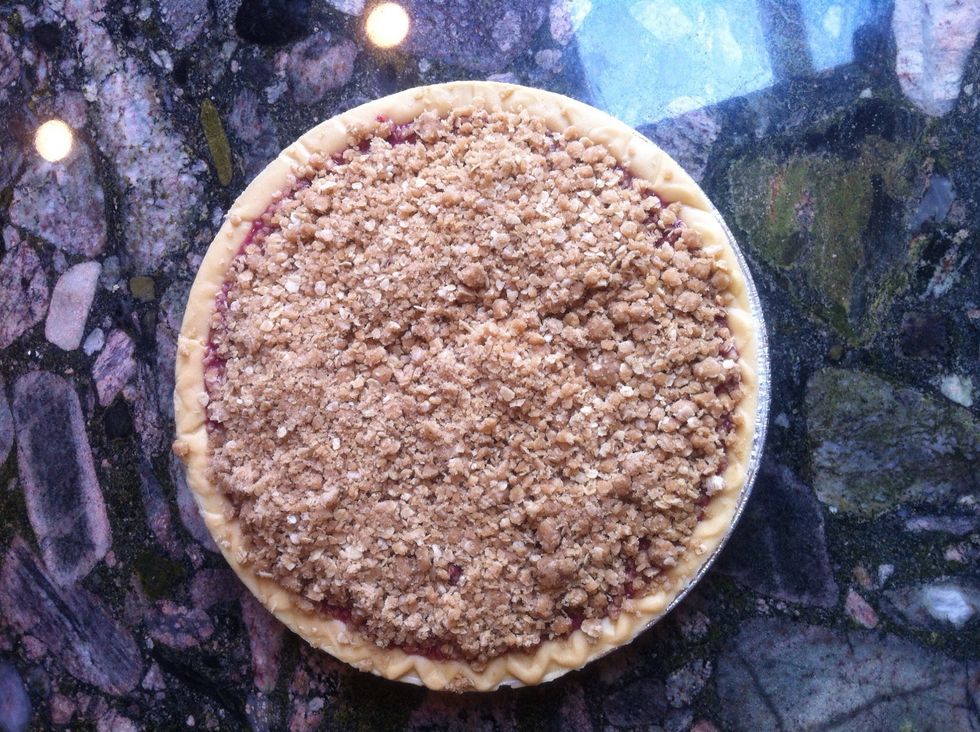 Firmly press your oats over the pie filling and put your beautiful pie in the oven temp of 450 degrees and bake for 45 minutes! Enjoy