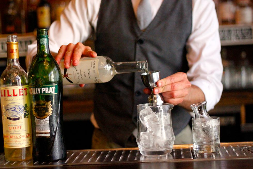 First add 1 oz. Pierde Almas La Puritita Verd\u00e1 Mezcal to a mixing glass with ice