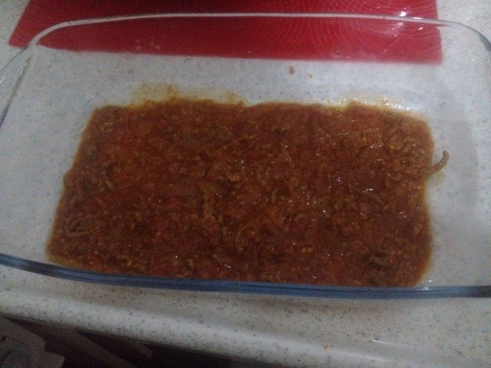 First add a layer of the mince. About 1cm thick