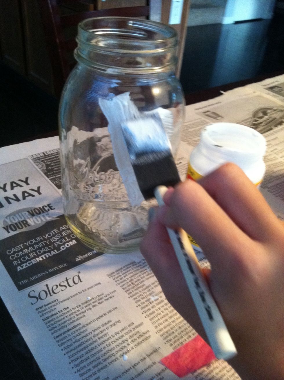 First- apply Modge Podge to the area on the jar with your sponge brush.