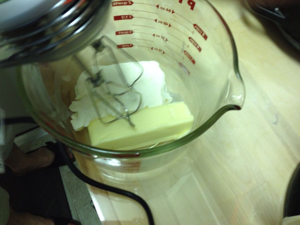 First beat together the butter and cream cheese - they should both be at room temperature.