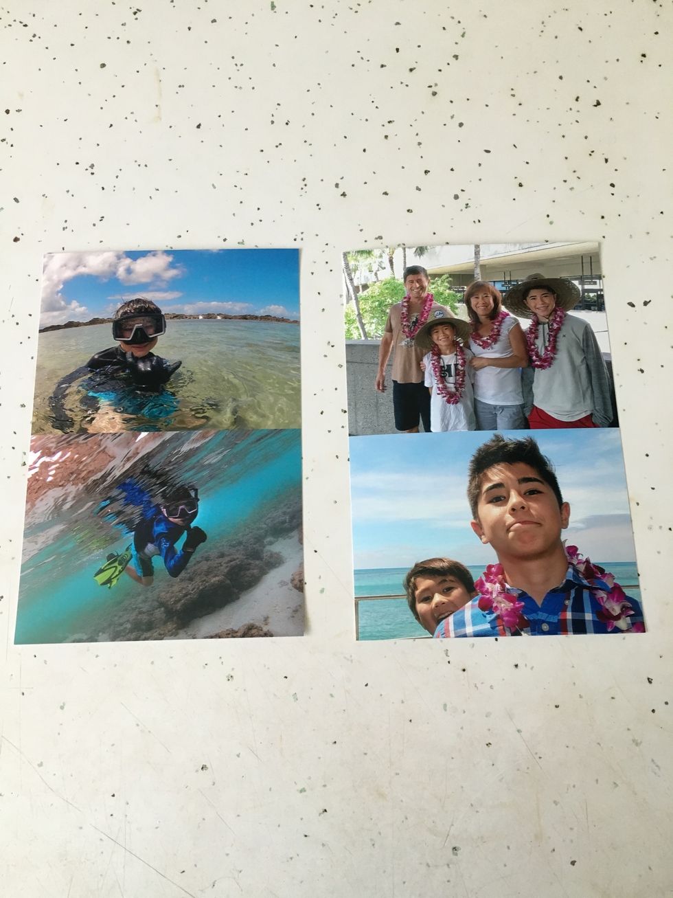 First choose the photos you would like to use. Ink jet photos may smudge as the ink is water soluble, so I had my photos printed at a local drug store. Their photos are waterproof.