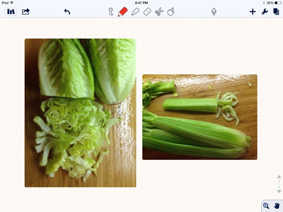 First chop the lettuce and thinly slice the celery.