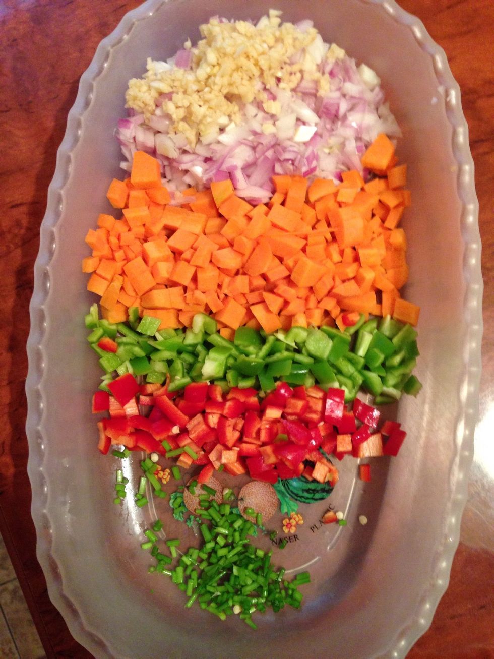 First chop the vegetables(onion, garlic, peppers, celery,carrot)