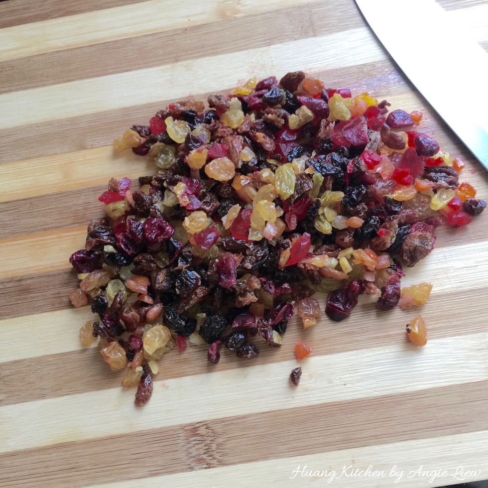 First, coarsely chopped the candied fruitcake mix. Then set aside.