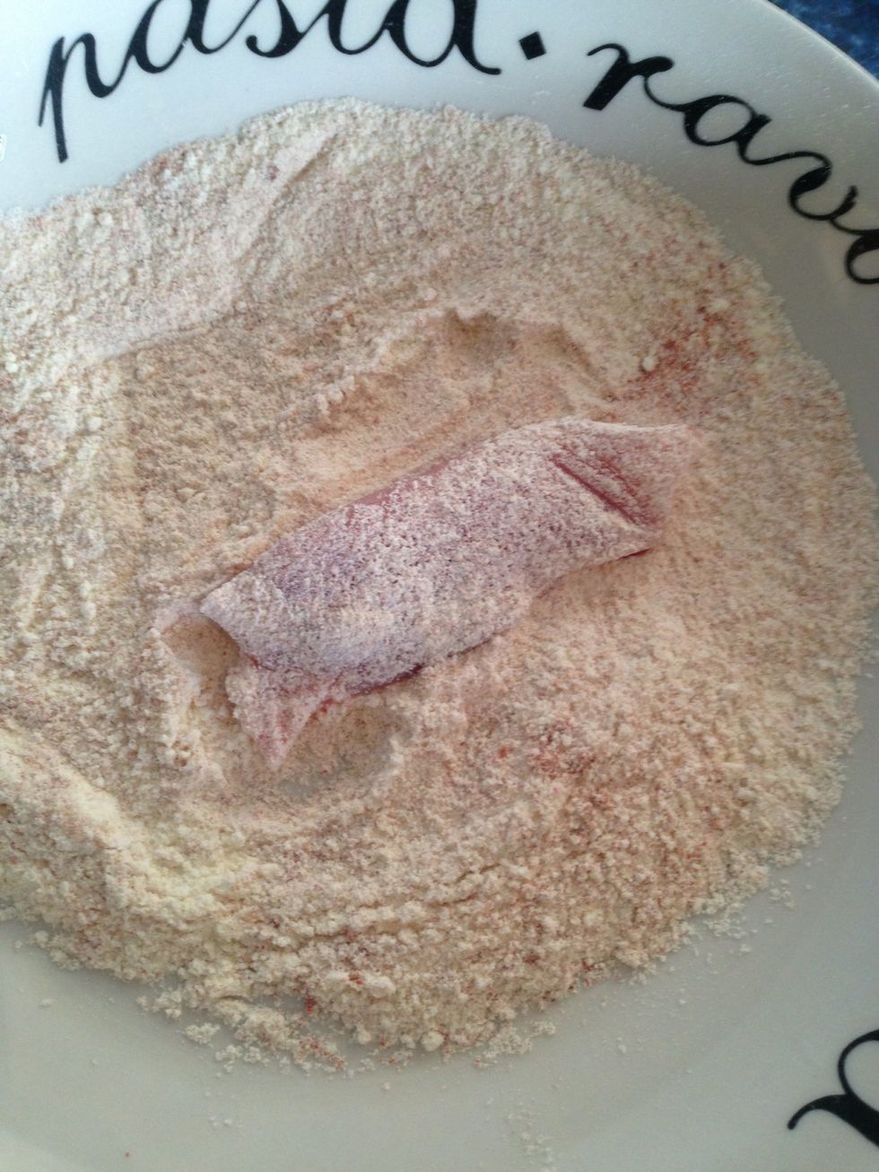 First coat your chicken in the semolina mix