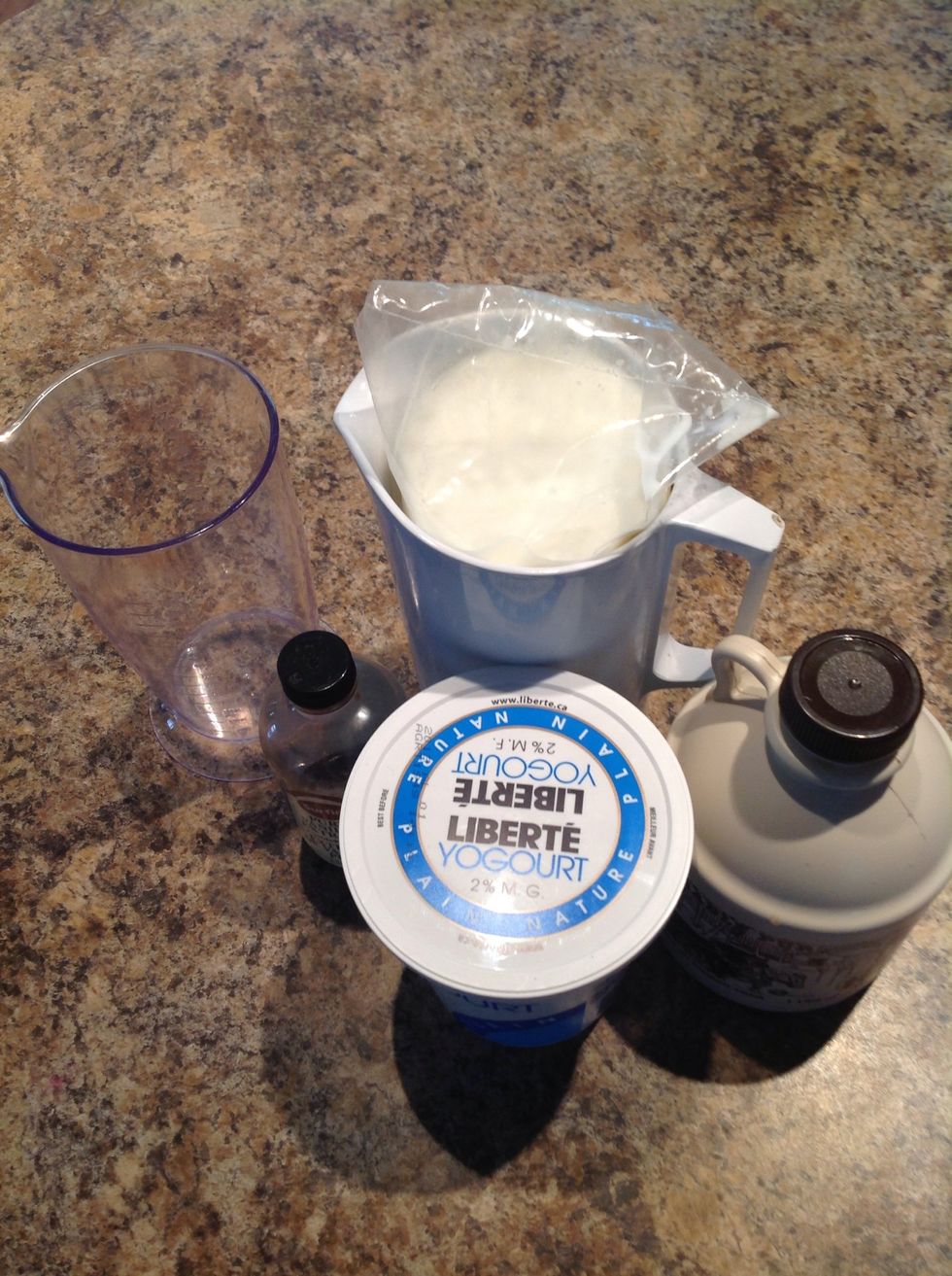 First, combine 1 cup of milk, 1/3 cup of plain yogourt, 2 tablespoons of maple syrup ( or honey, if you don't have maple syrup ) with a dash of vanilla extract