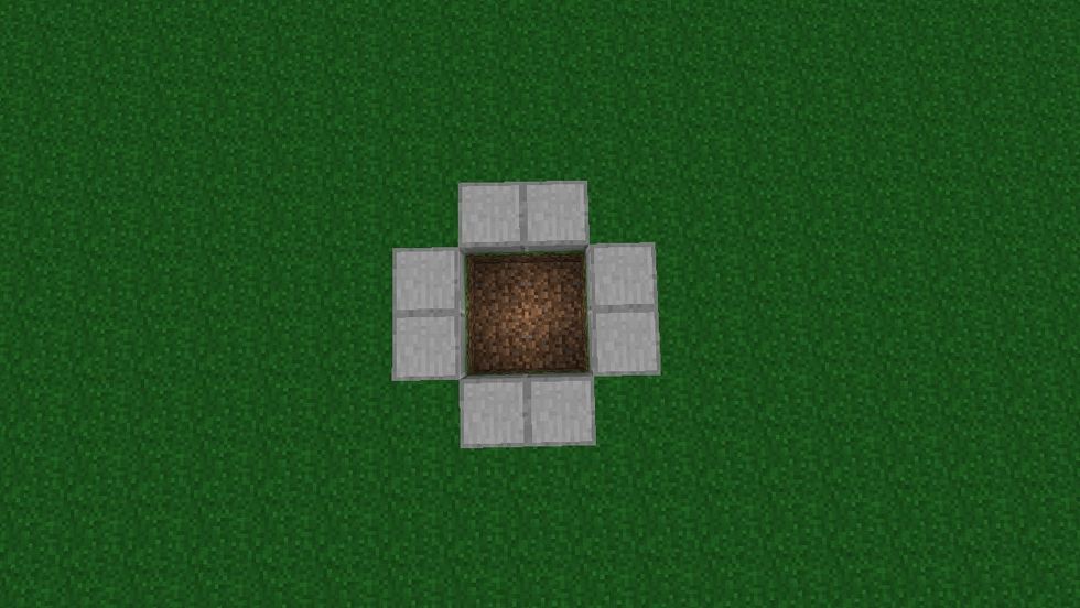 First, dig a 2 block deep hole 2x2 and surround it with slabs