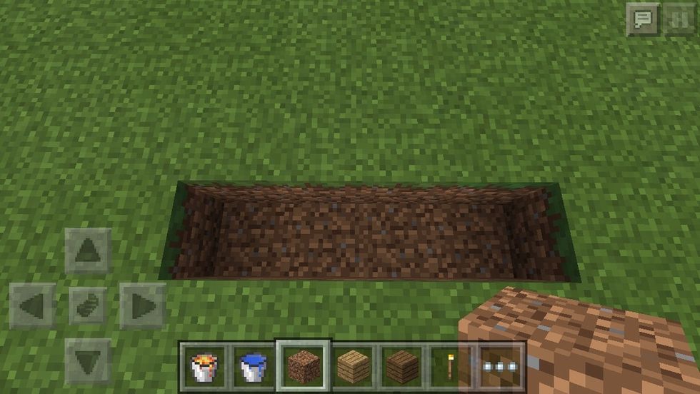 First, dig a line of 4 blocks, 1 block deep.