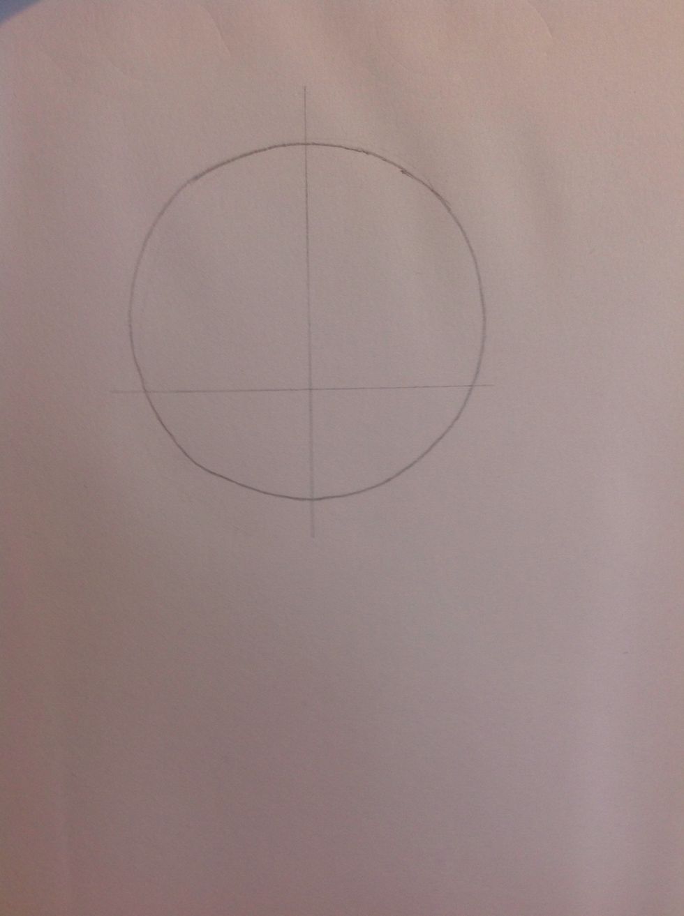 First, draw a circle with reference lines like these- one straight down the middle and one 2/3 of the way down.