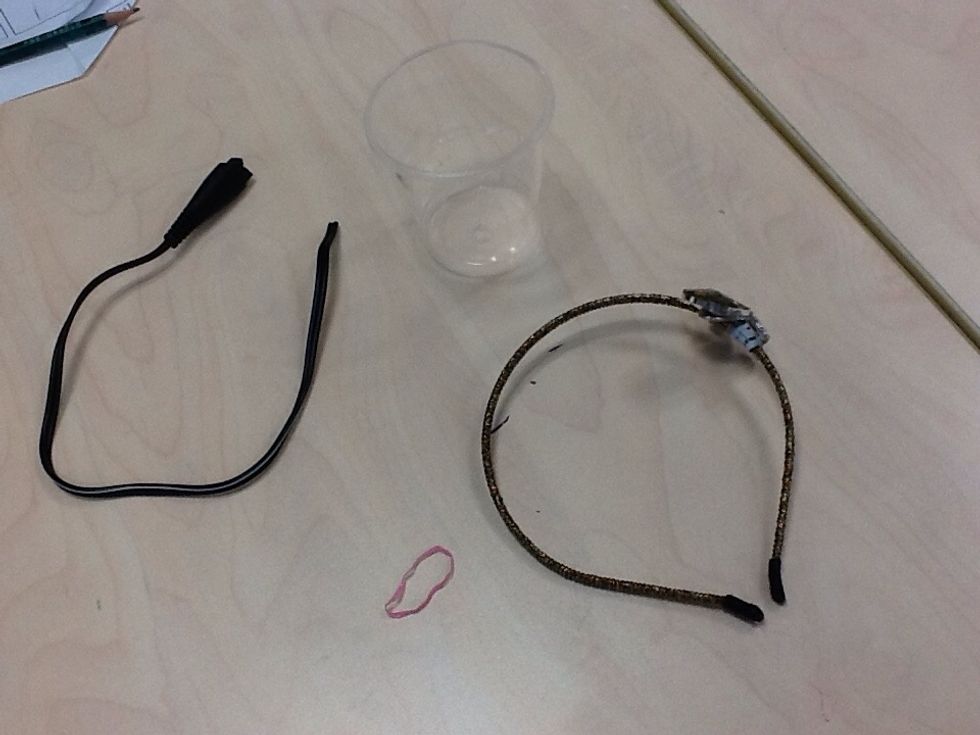 First,find a plastic cup , string ,hair hoop and a rubber band.