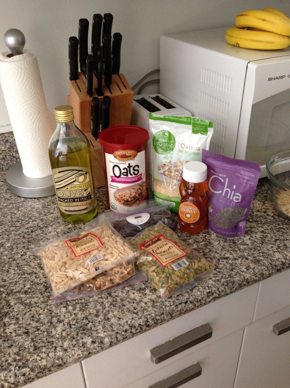 First, gather all of your ingredients. You can add in or take out certain nuts or dried fruit to fit your tastes. The original recipe called for dried cherries in addition to the raisins.