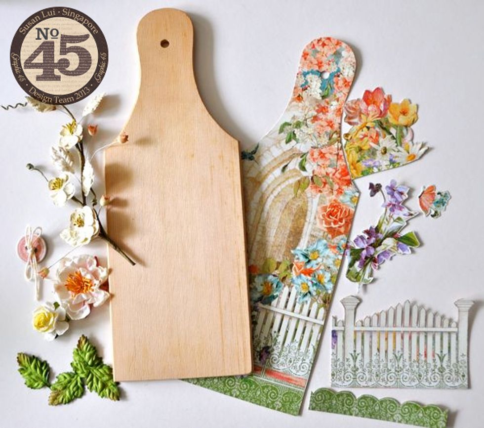 First, gather your supplies. For the patterned papers, I used Graphic 45's Secret Garden and Beautiful Blooms.