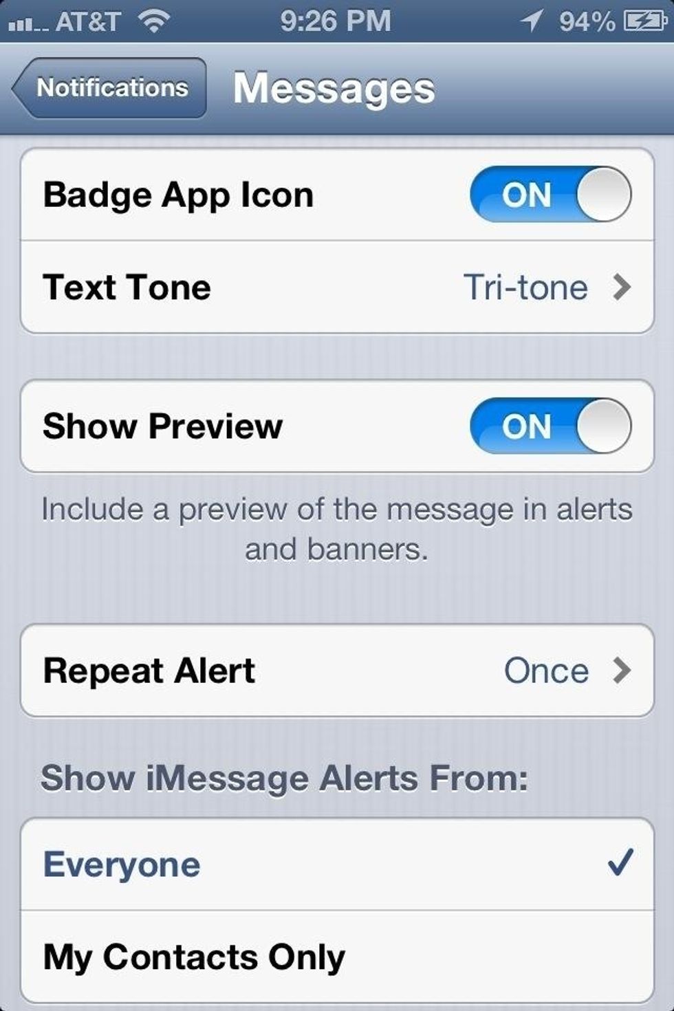 First go into Settings/Messaging and make sure the "Show Preview" is set to On. (IOS7 go to settings, notifications, messages, turn on "Show Preview")