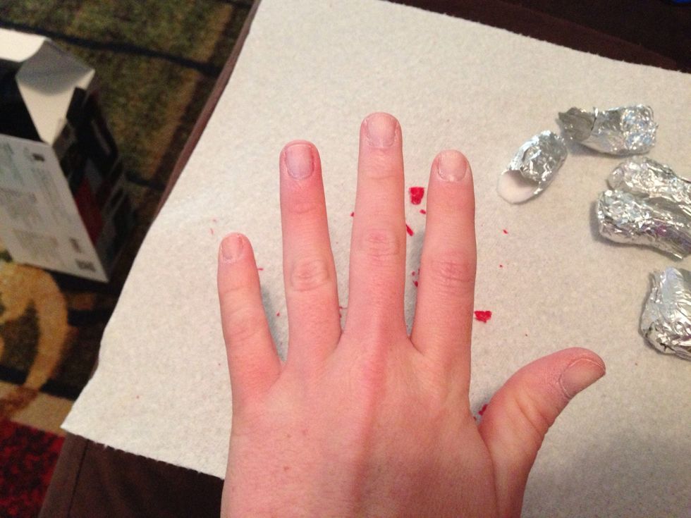 First hand all done! Because the polish lifts up so easily there is less damage from the scraping done to your actual nail. Don't push too hard because then you risk damaging your nail!