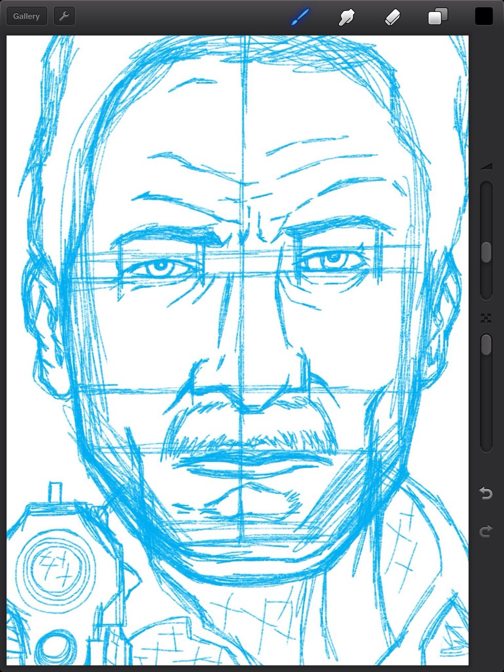 First I begin with a light blue sketch to rough out the details. The 6B pencil tool is used.