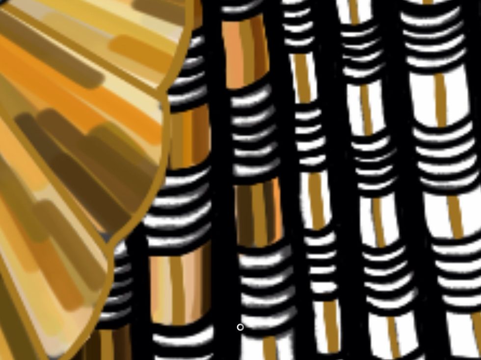 First I create a layer for the foundation. The helmet is a creamy color and the beads are outlined in black. Now a new layer is made and tucked under that one. Remember that the layers are transparent