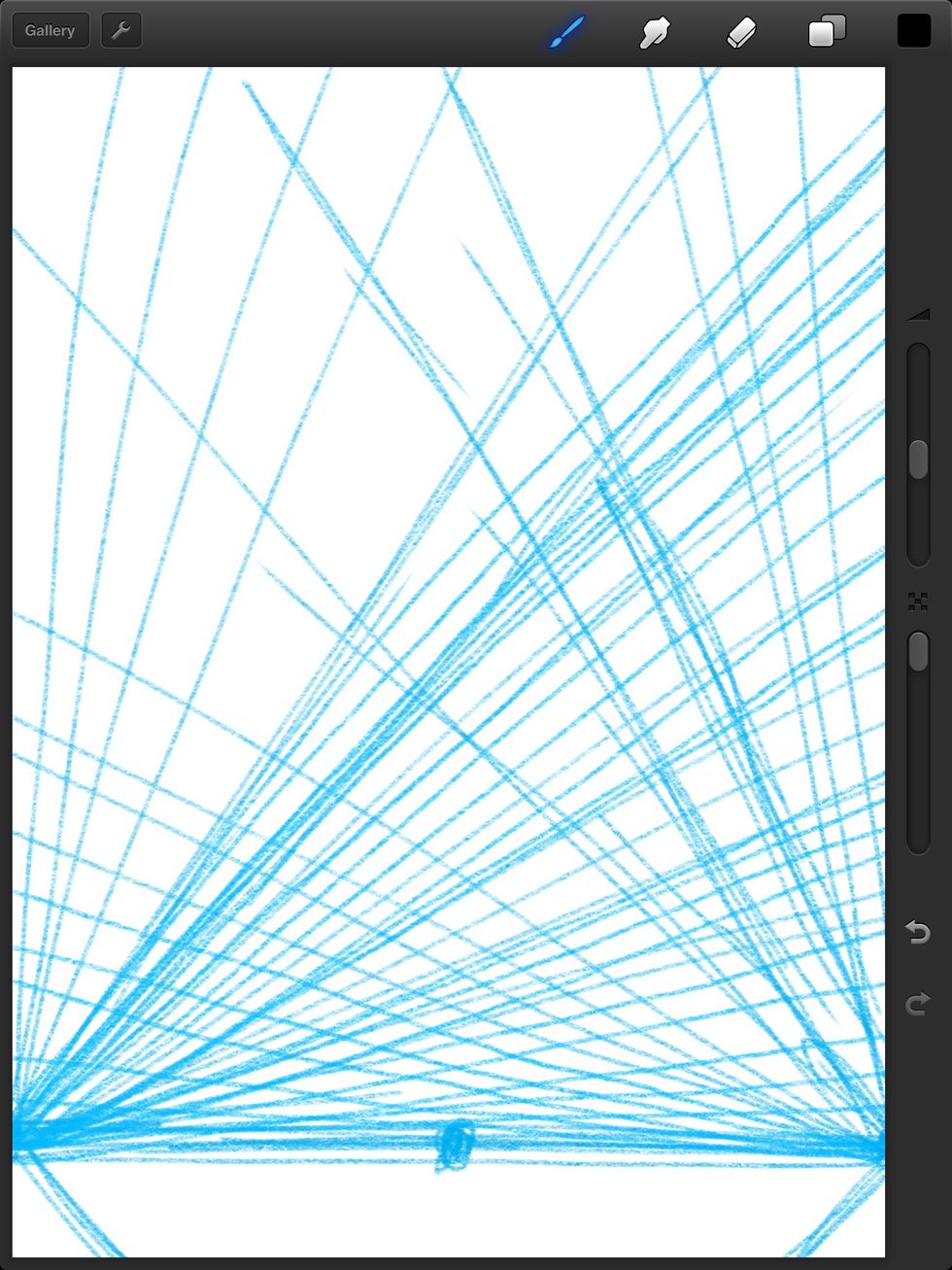 First I lay down the perspective. For in depth perspective drawing check out David Chelsea. I use the 6B pencil tool for this and a light blue for color.