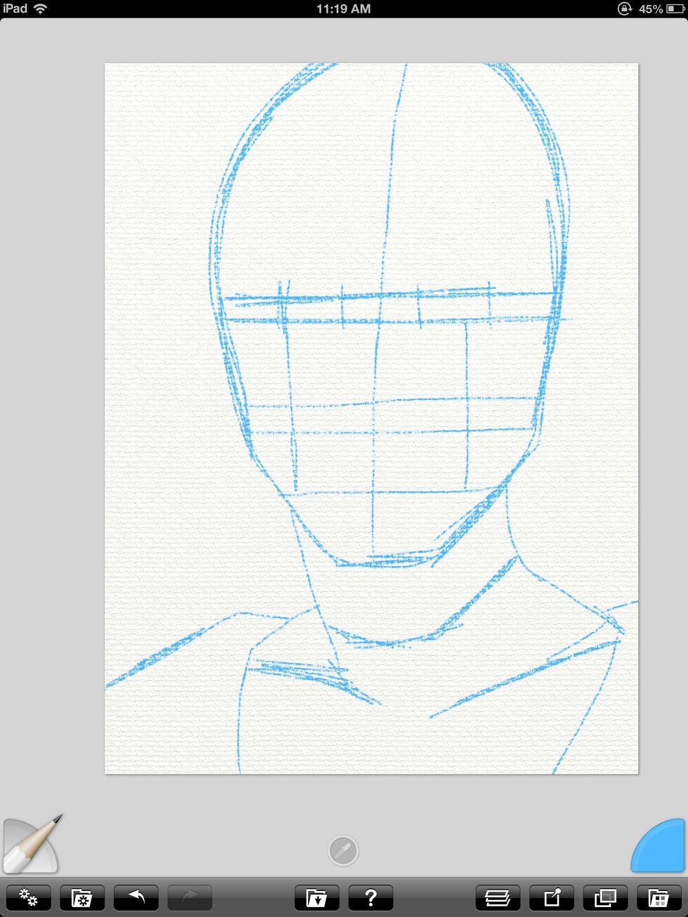 First I start with a comic book style sketch of the figure in blue 2B pencil. I select the pencil tool from the left and my colors from the wheel on the right.