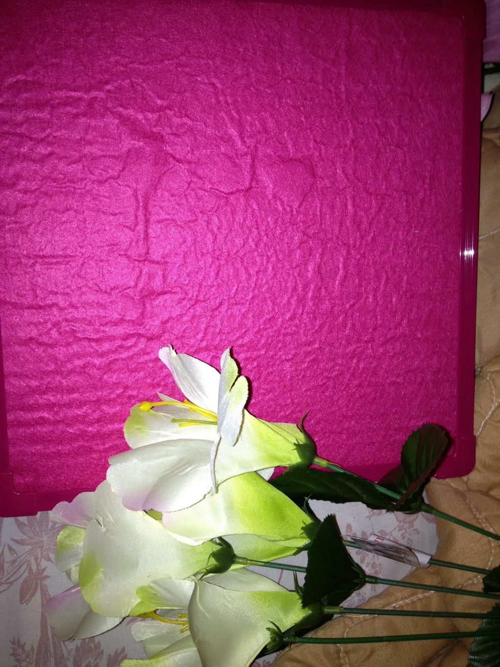 First lay out your fabric pin board ( everything used in this DIY is from the 99 cents store including the boards and flowers )