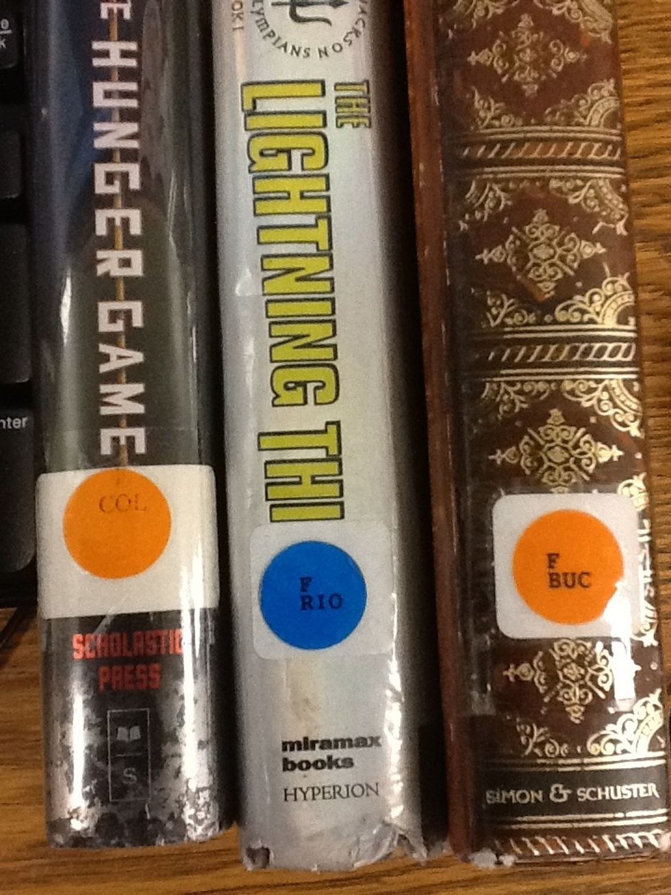 First, look at the white label with three letters located on it on the spine of the book and find the first letter of the label (they are the first three letters in the author's last name).