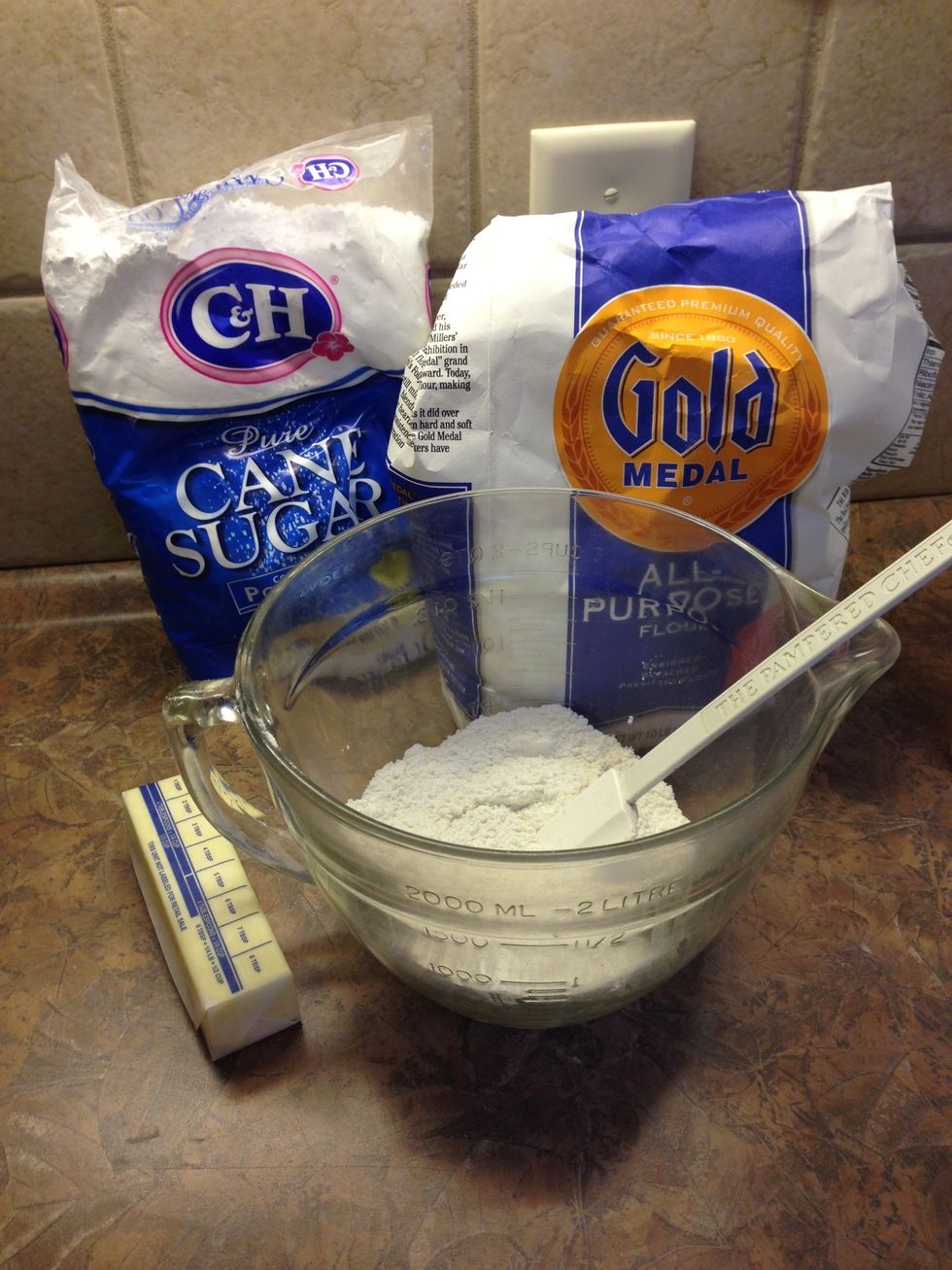 FIRST MAKE CRUST: Mix 1 cup flour with 5 T. Powdered sugar. Then add butter (room temperature... not too cold)