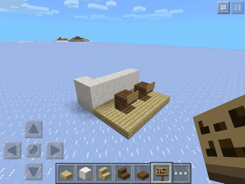 First, make this design. The chairs are spruce wood slabs with stairs on top. MAKE SURE you're using birch slabs. You can choose other materials, but I like these the best for this project.