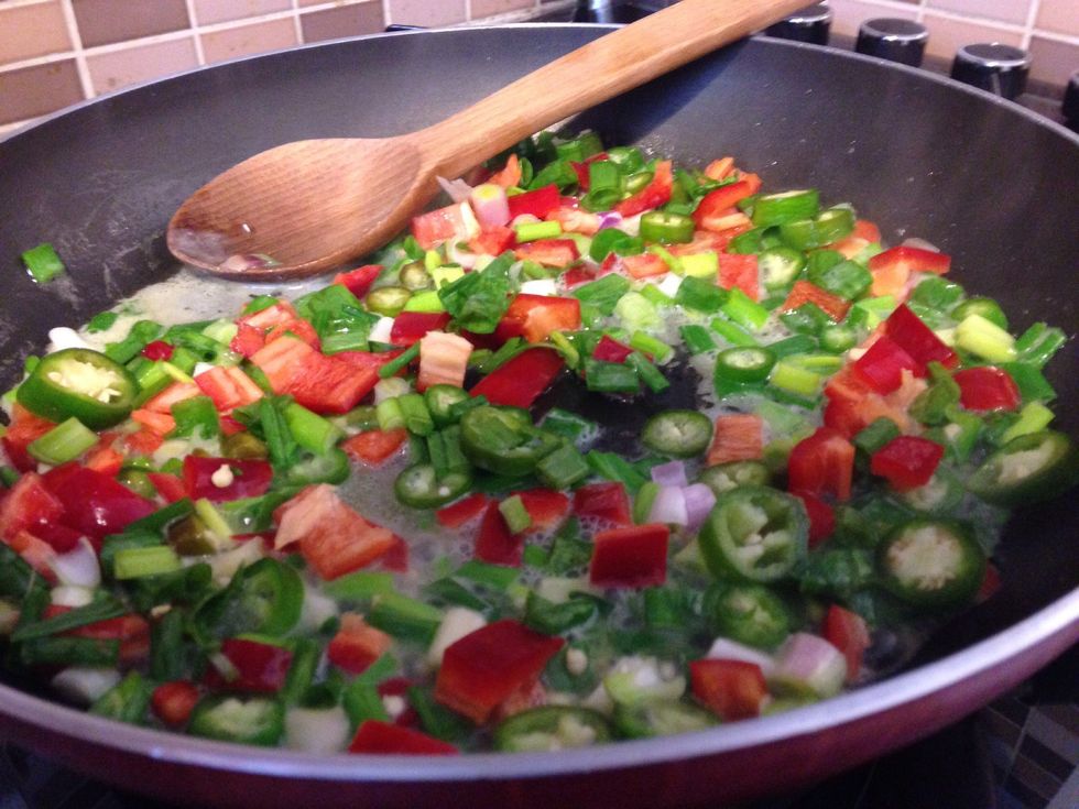 First melt a big spoonful of butter in a saucepan and add everything except your mushrooms. Save some parsely to garnish.....