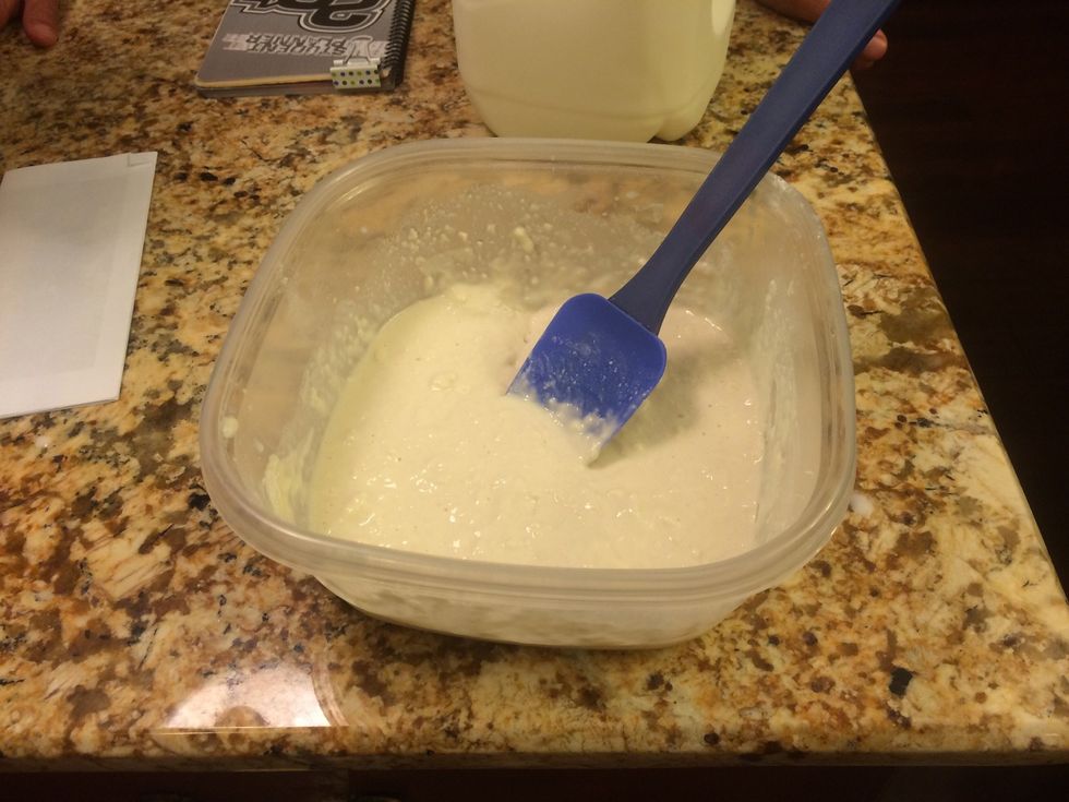 First, mix flour, baking powder, baking soda, salt, and milk into a bowl.