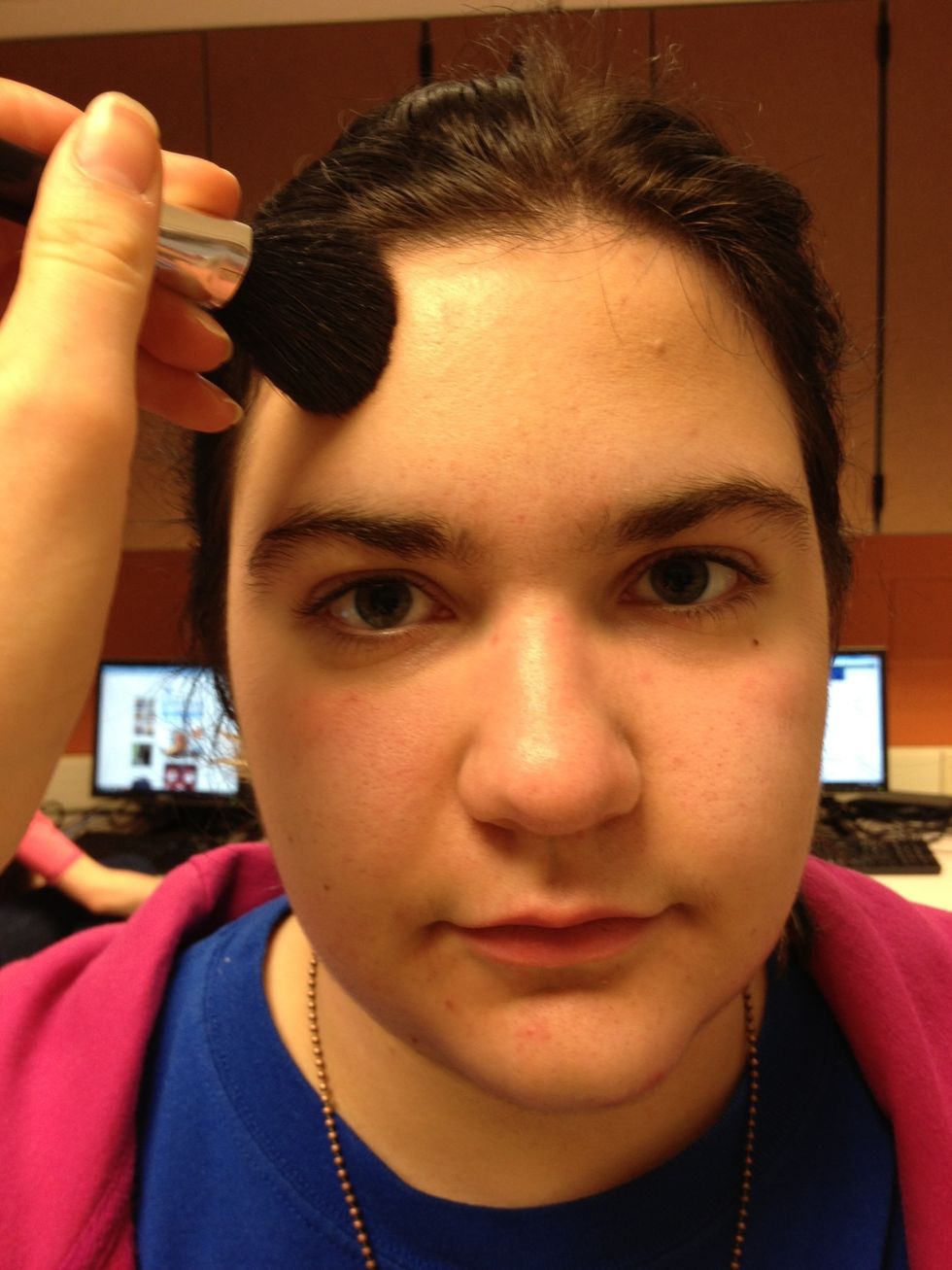 First, mix the Bronzer to your hair lines, and gradually go down to your side hairline and down to your jaw.