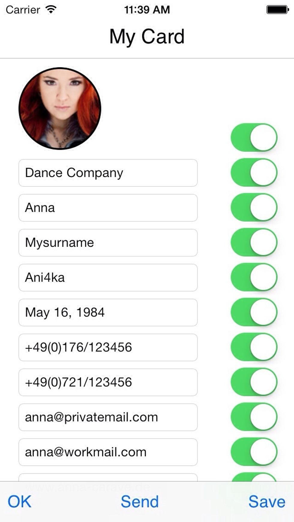 First of all, fill out the fields with your business- and private information for your card.