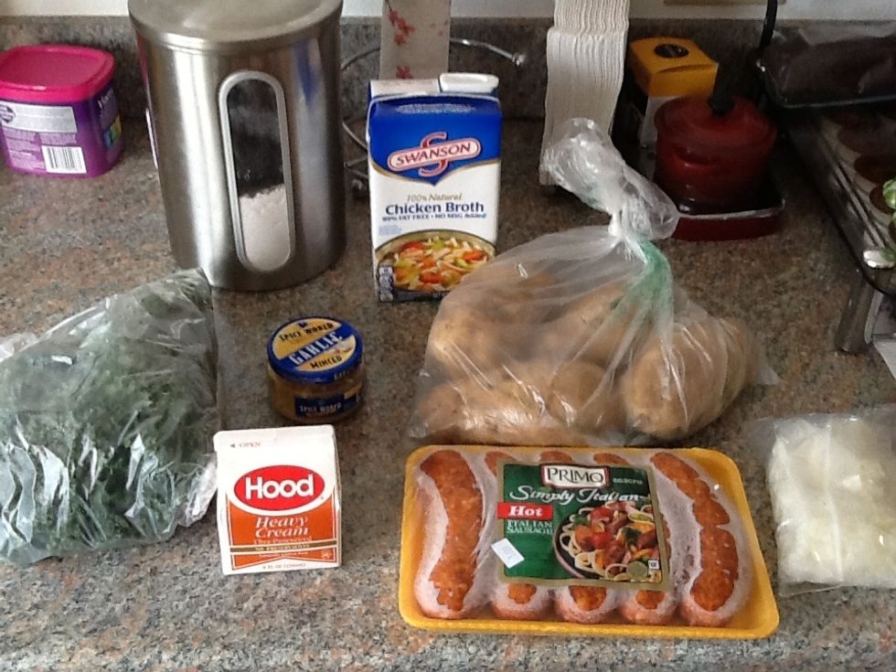 First off, you should gather all of your ingredients. You won't need the cream, kale, or flour till later.