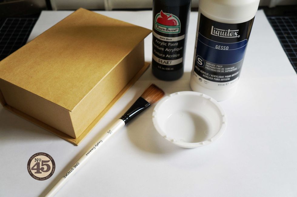 First, prep the box. You will need Gesso (to prime or prep the box for painting), acrylic paint, a paint brush and a paint dish.
