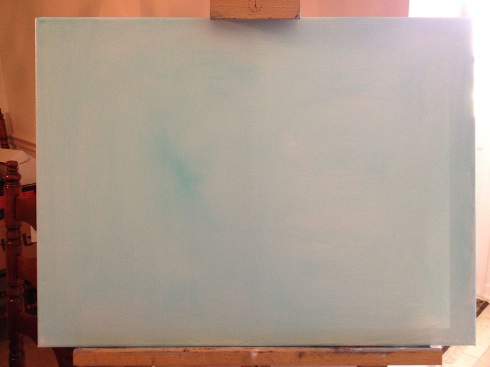 First, prime your canvas. I used white, a touch of blue, and some thinner to make a runny, icy, white.