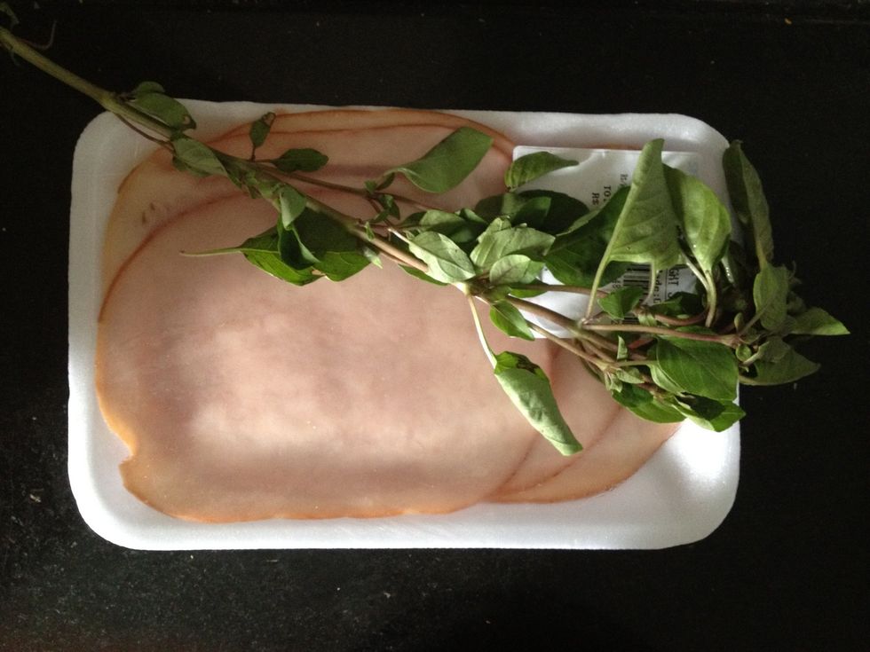 First, put a slice of turkey breast and some basil leaves, without the stem, in a blender. | Primeiro coloque uma fatia de peito de peru e algumas folhas de manjeric\u00e3o sem o talo no liq\u00fcidificador.