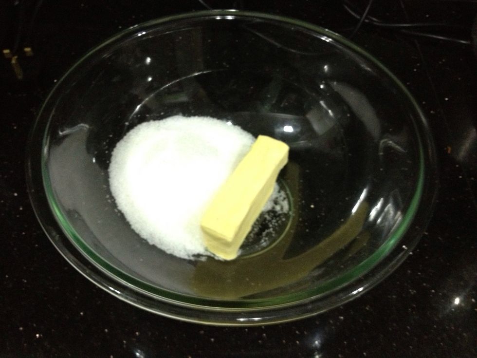 First, put the butter and sugar in a microwave safe bowl. Pop it in the microwave until the sugar and butter becomes a smooth mixture, making sure to stir it every 20 seconds.