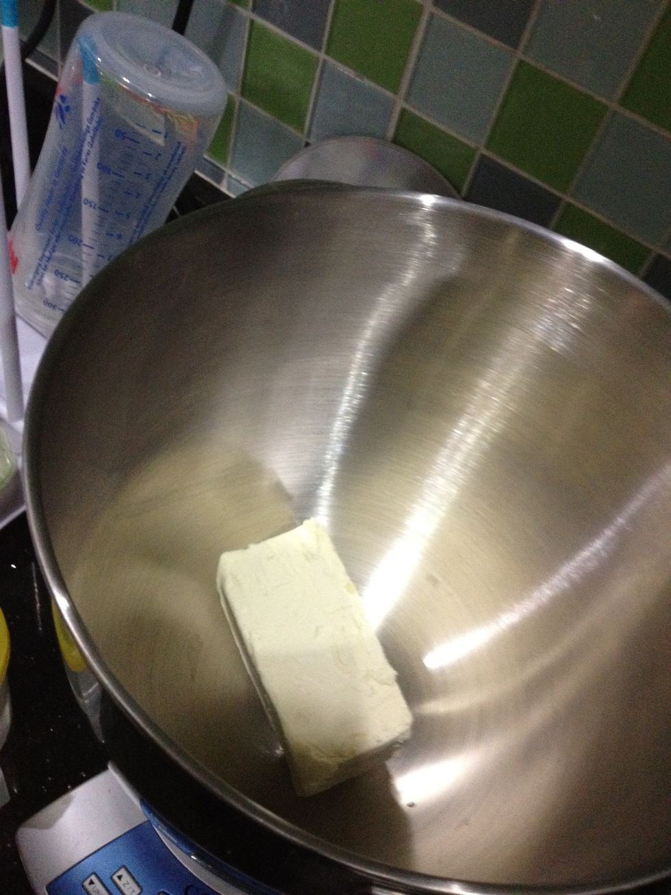 First, put your cream cheese in a mixing bowl.