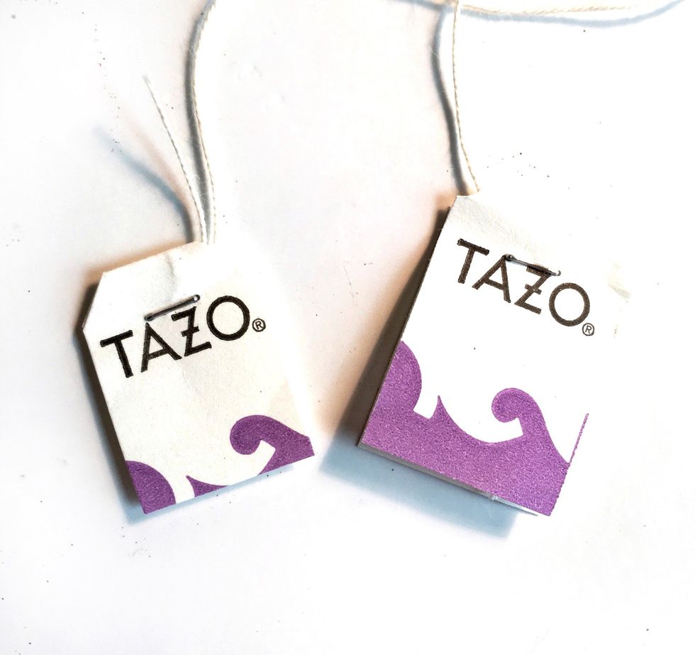 First remove the string and tag from your teabag. Trim tag down a bit to better fit a mini bag.