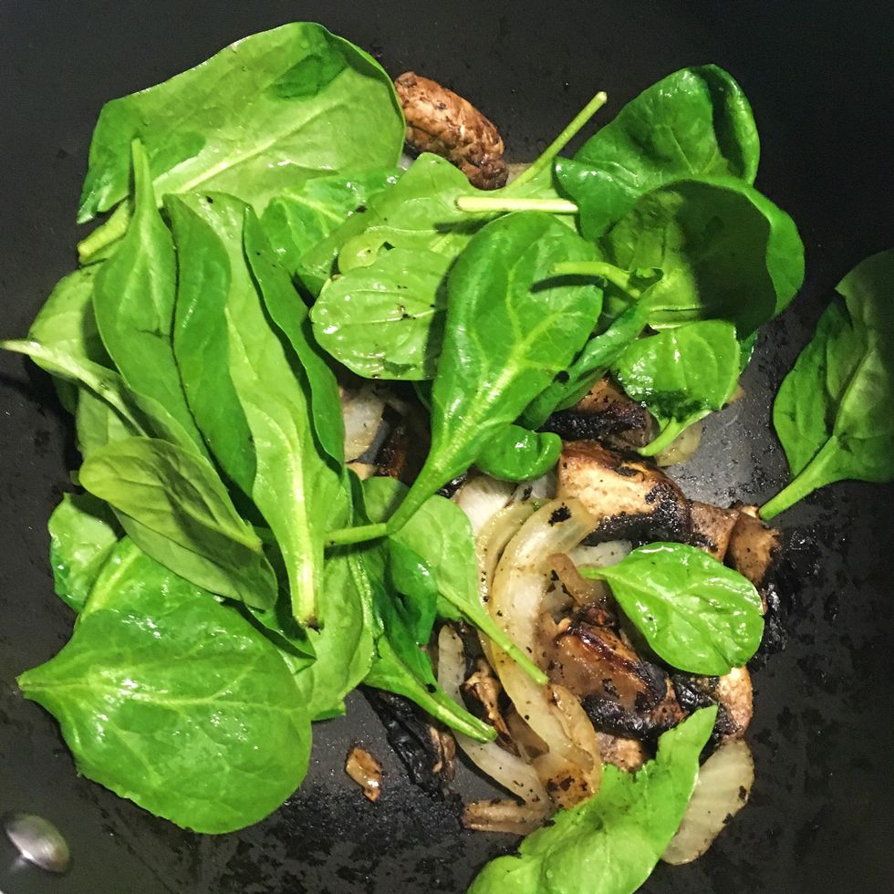 First sautee spinach onions and mushrooms in a pan