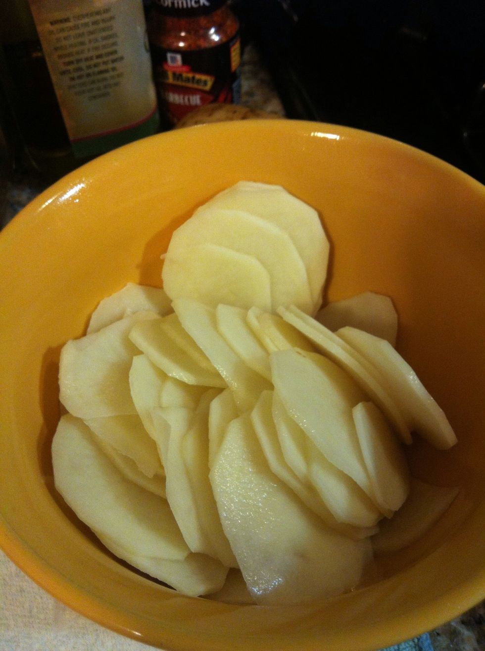 First, slice the potatos into even size by using knife or a tool like I got (next picture)
