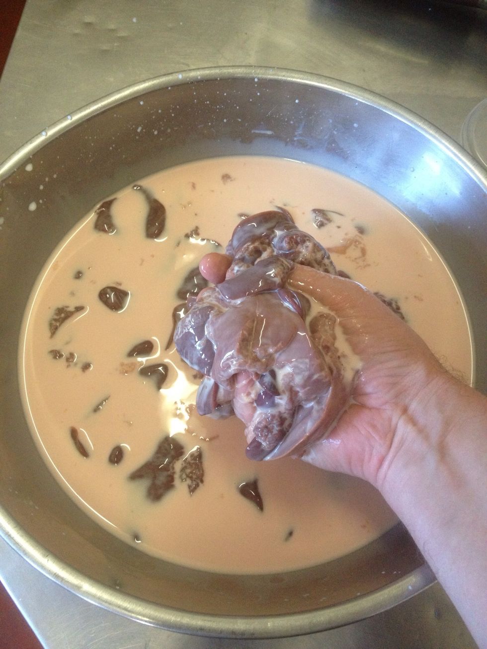 First soak your livers in the milk and salt to draw out the blood and any bitterness. Leave overnight