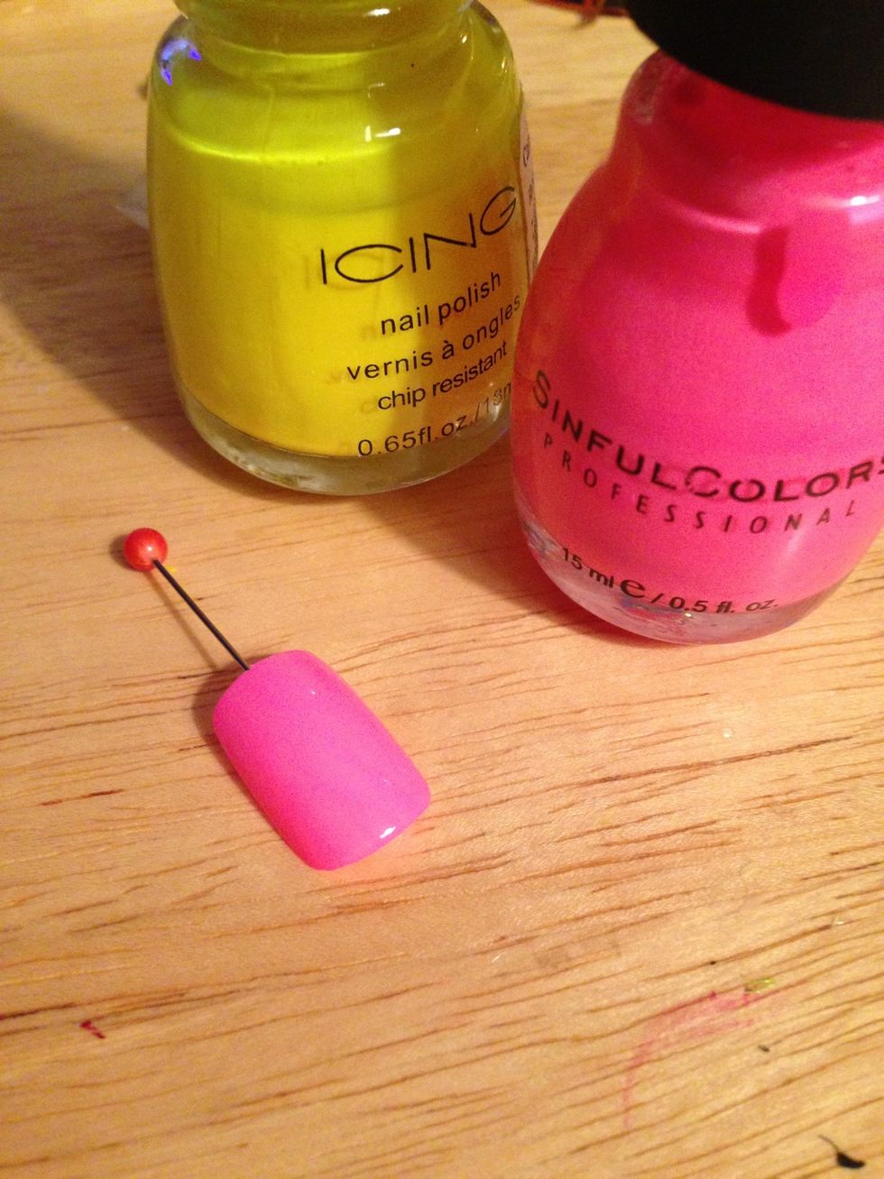 First start with 2 coats of neon. I used Sinful Colors 60 Fashion Neon. The yellow is Icing Grande Margarita. You can use your real nail or if you're like me I only wear fake nails :)