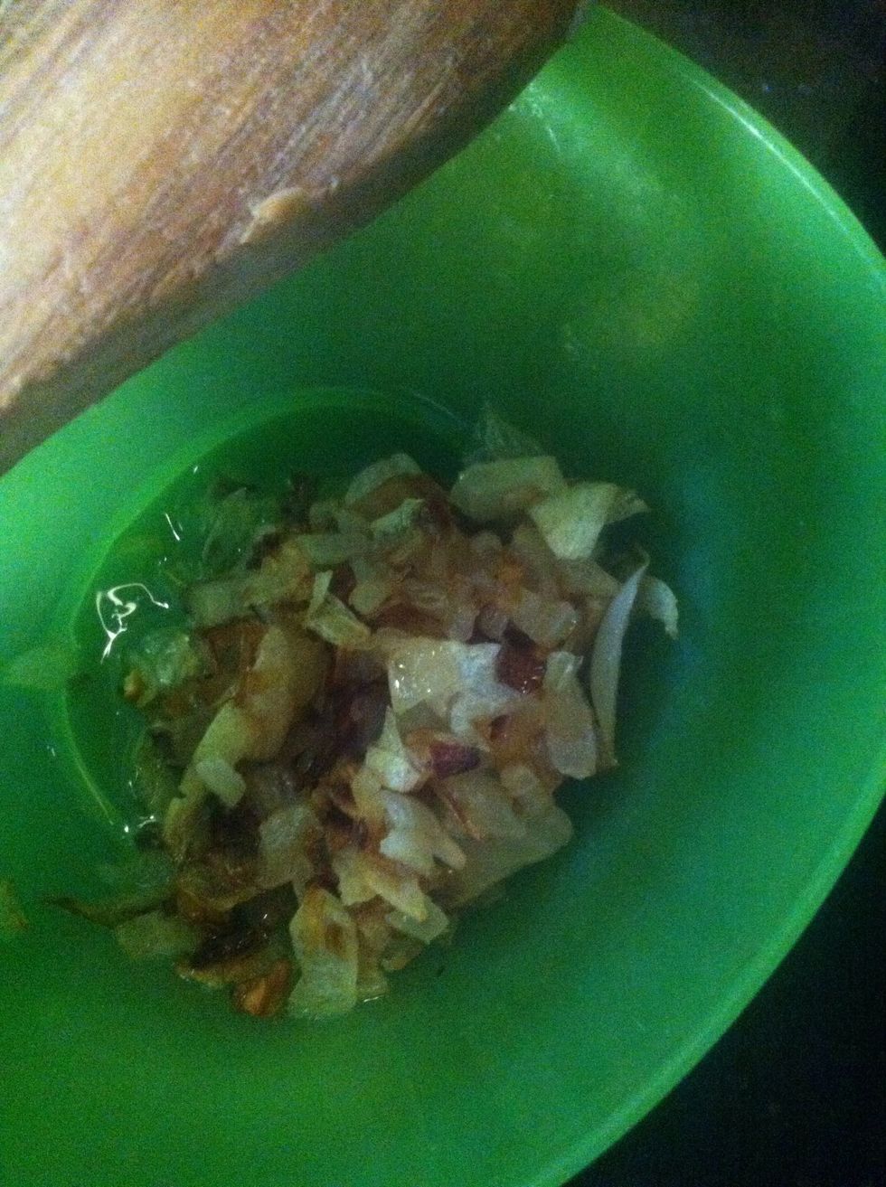 First step I finely diced and saut\u00e9ed the onions in some oil til browned, set aside while we prepare the potatoes.