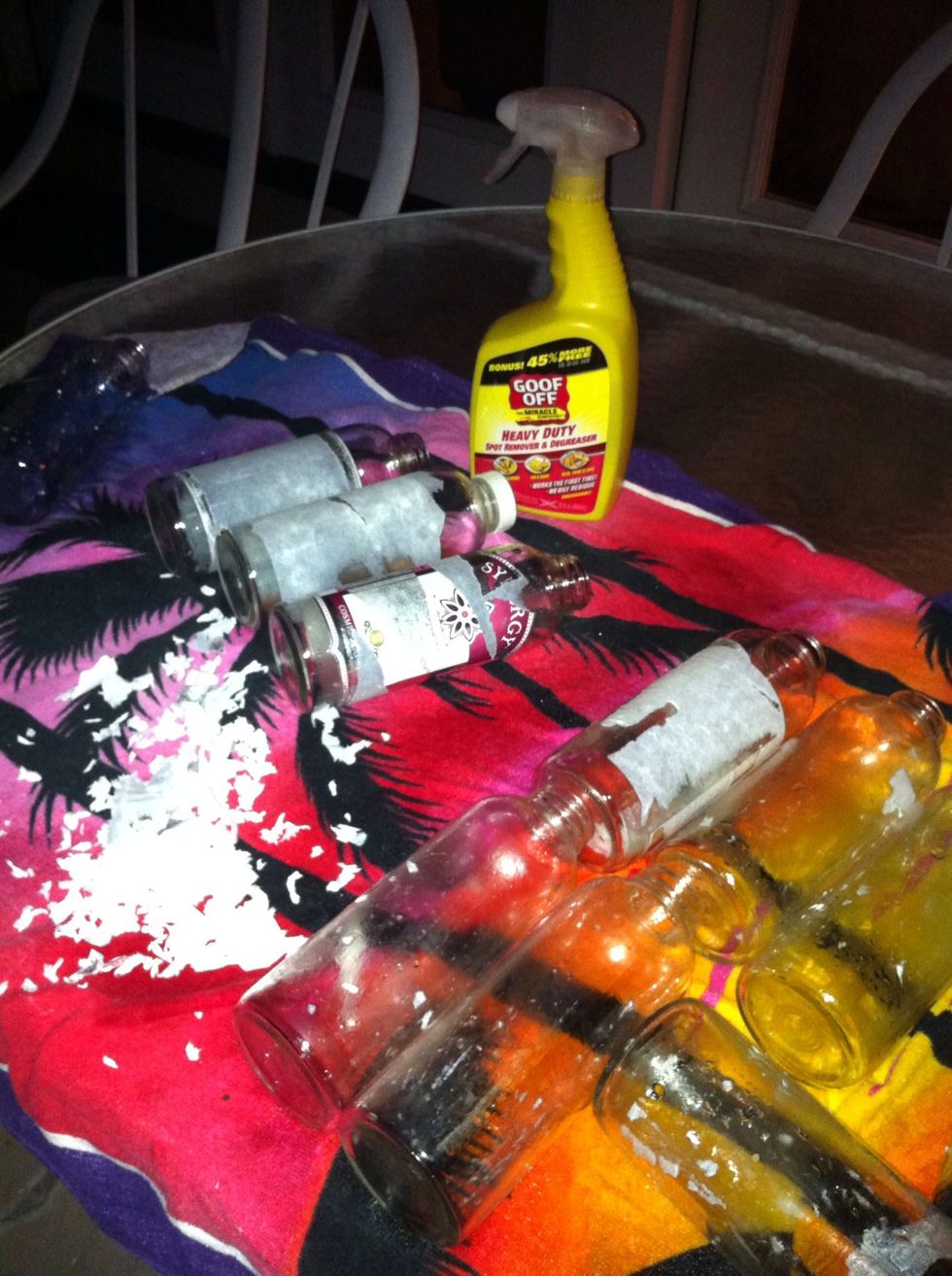 First step is optional. I took all of the labels off the bottles. It's a real pain in the arse but I wanted to make my own bottles special.